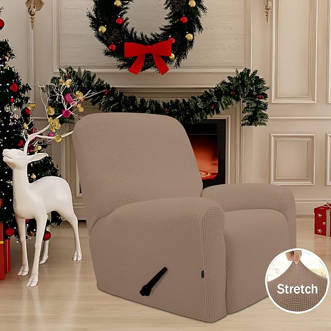 Easy-Going Recliner Stretch Sofa Slipcover Sofa Cover 4-Pieces Furniture Protector Couch Soft with Elastic Bottom Spandex Jacquard Fabric Small Checks(Recliner,Camel) Large