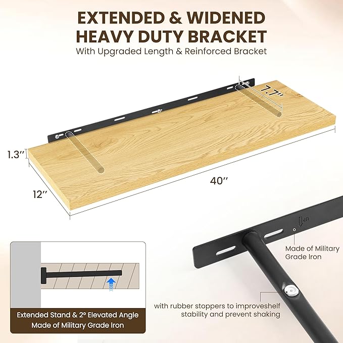 Dreamland 40" Floating Shelves for Wall, 12" Deep Slim Oak Floating Shelves, Wall-Mounted Shelves for Bedroom, Living Room, Kitchen, Bathroom - Set of 2