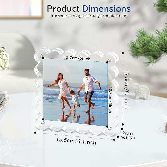 3Pack Clear Magnetic Picture Frames 5×5 Inch - Scalloped Picture Frame with 10+10mm Thick Block, Double-Sided Clear Display | Trendy Home Decor & Modern Gift Idea (3Pack, 5×5)