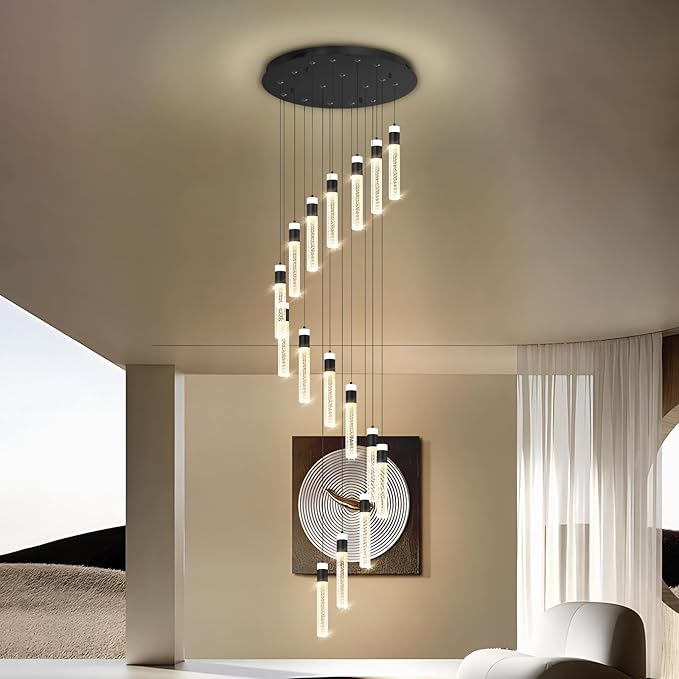 16-Light Black Crystal Chandelier for Foyer Entrance Loft 118" Long Spiral Stair Bubble Crystal Chandelier for High Ceiling Lighting Fixtures LED Lampara, Dimmable 3000K-6000K