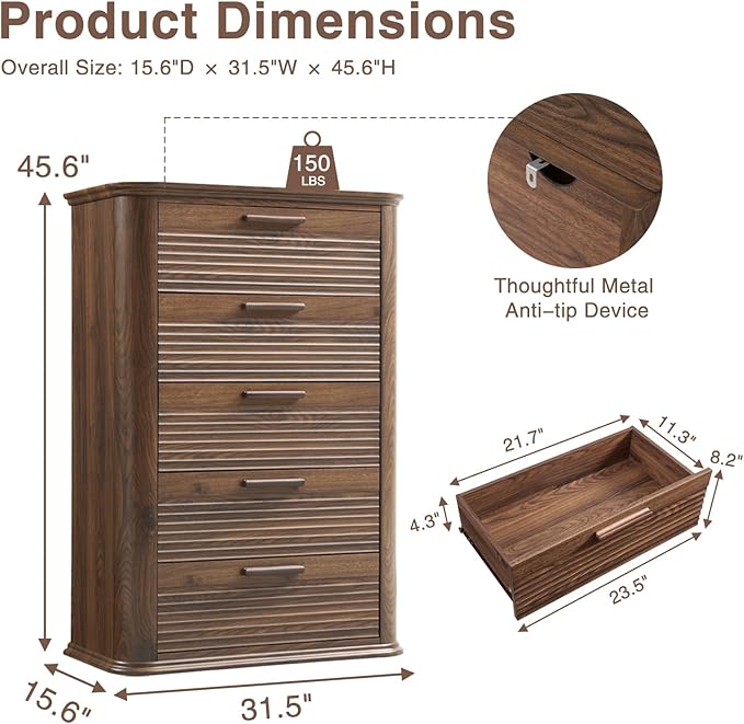 Okvnbjk 5 Drawers Dresser for Bedroom, 45" Tall Dresser with Curved Profile Design, Wood Fluted Chest of Drawer, Modern Drawer Storage Organizer for Bedroom, Living Room, Entryway