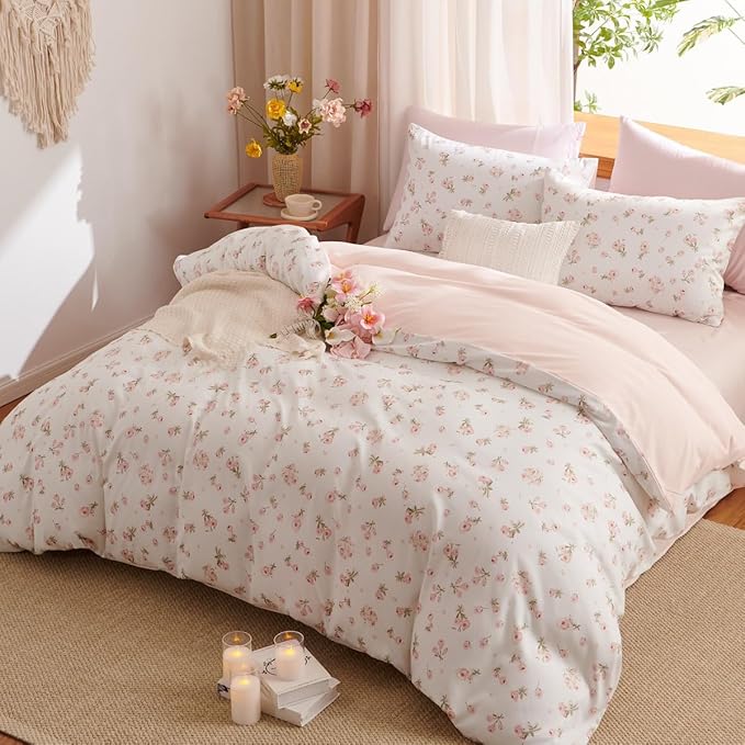 Floral Comforter Set Twin Size - 2 Pieces Pink White Floral Comforter Bedding Sets Reversible Pattern,Twin Bed in a Bag with Flowers Comforter and 1 Pillowcase