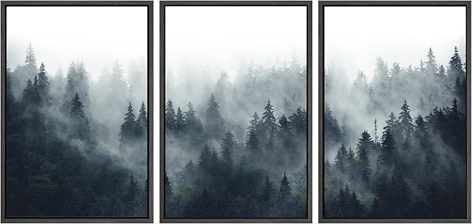 SIGNWIN Framed Canvas Print Wall Art Woodland Nursery Decor Set Misty Mountain Range Pine Tree Forest Nature Realism Decorative Rustic for Living Room, Bedroom, Office - 24"x36"x3 Black