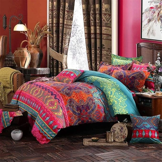 ABREEZE 3Pcs Bohemia Retro Bedding Ethnic Vintage Floral Duvet Cover Boho Bedding 100% Brushed Cotton Bedding Sets Damask Paisley Coloful Mandala Down Comforter Cover,Twin