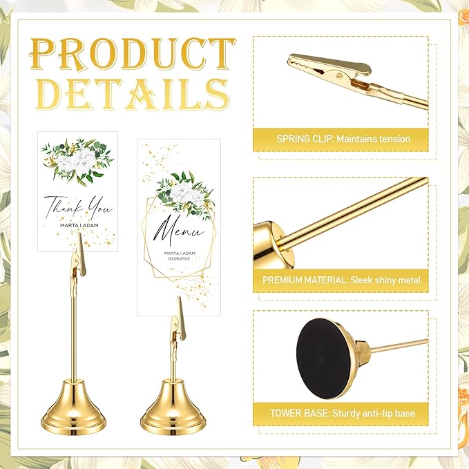 20 Pcs Table Number Holders 4/6/8/10 Inch Metal Place Card Holders with Alligator Clip Heavy Base Wedding Table Number Stand Picture Photo Clip for Banquet Party Birthday Restaurant(Gold)