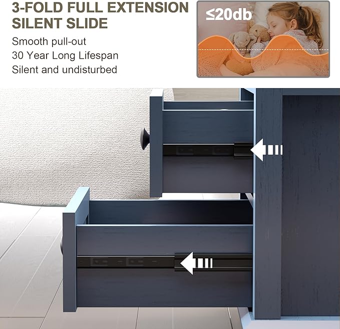 18" Wide End Table with Fast Charging Station Set of 2, 18” Wide Sofa Side Table with Drawers,End Table with Drawers for Living Room,Blue