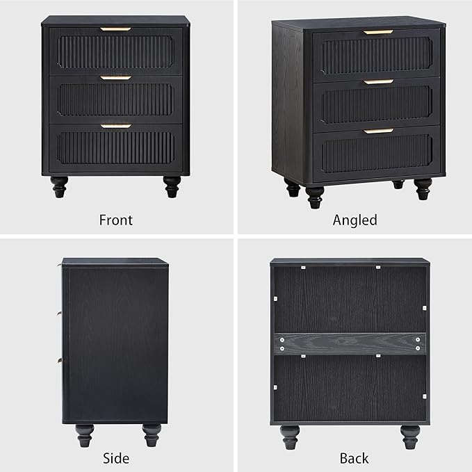 3 Drawer Dresser for Bedroom, Mid Century Modern Closet Dressers Chest of Drawers, Fluted Wood Wide Nightstand Storage Dresser with Drawers for Living Room, Dressing Room, Entryway, Hallway, Black