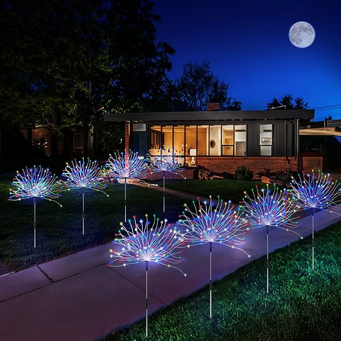 Outdoor Solar Garden Lights, 4 Pack 120 LED Copper Wire Waterproof Garden Fireworks Lamp with Remote, 8 Modes Decorative Sparkles Stake Landscape Light for Pathway Lawn Decor (Colorful)