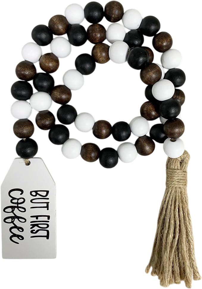 40" Handmade Farmhouse Bead Garland Wood with Tassel, Boho Chic Decorative String Beads Home Decor, Table Tiered Tray Country Wooden Accents (Mocha Mornings: But First, Coffee, 0.63" Diameter)