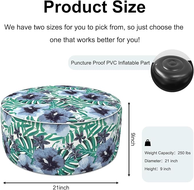 Inflatable Ottoman Stool D21 xH9 for Outdoor/Indoor Use, Water Repellent Patio Foot Rest with Portable Handle,Round Pouf Ottoman Suitable for Garden,Deck and Camping - Blue Salmone Tropical