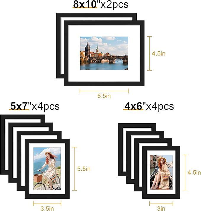 decorUhome Picture Frames Collage Wall Decor for Photo Gallery Display, Assorted Picture Frames set of 10 Including Two 8x10 / Four 5x7 / Four 4x6 for Family Wall Decor, Black, 10 Pack