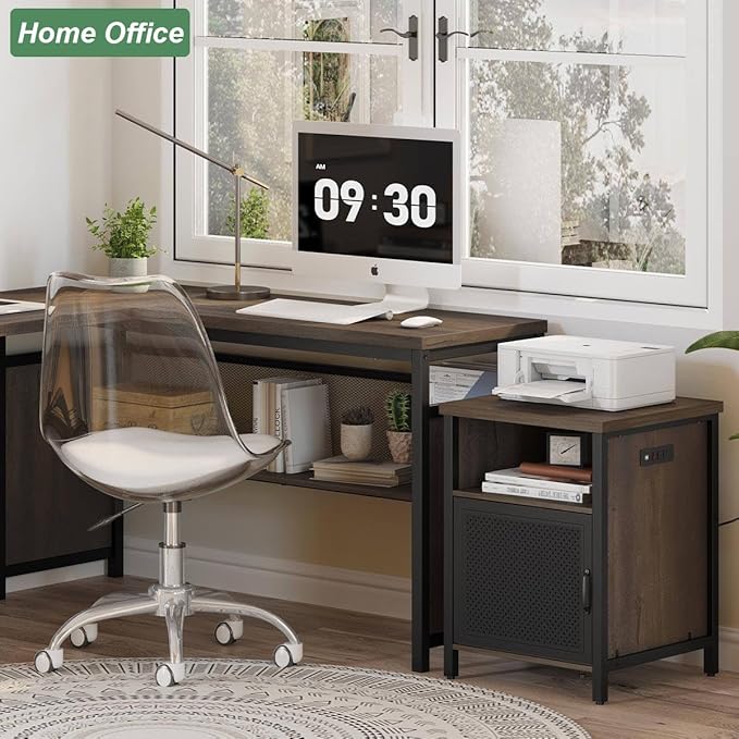 FATORRI End Table with Storage, Rustic Side Table for Living Room, Narrow Wood and Metal Bedside Tables with Door (Walnut Brown)