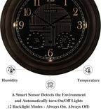 CLXEAST 24 Inch Self-Illuminated in/Outdoor Atomic Wall Clock with Temperature and Humidity, Oversized Large 24 Inch Wall Clocks for Living Room Decor, Brushed Grey Oak Wooden Finish