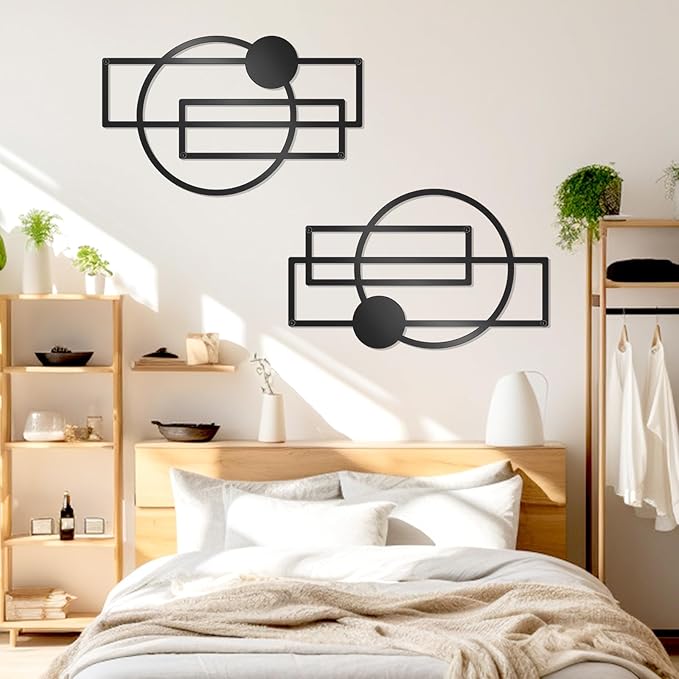 OYEFLY 2 Pcs Metal Abstract Wall Art,Modern Geometric Decor (Black, style 1)