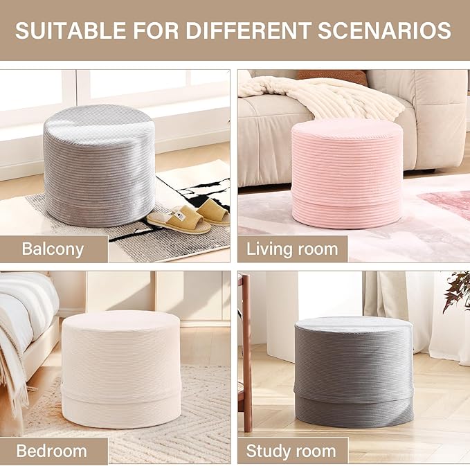 LITA Round Stuffed Pouf Ottoman, Corduroy Poufs with High-Density Foam Filling and Washable Cover, Furry and Fluffy Bean Bag Foot Stools Ottoman for Living Room, Bedroom, Office, Pink