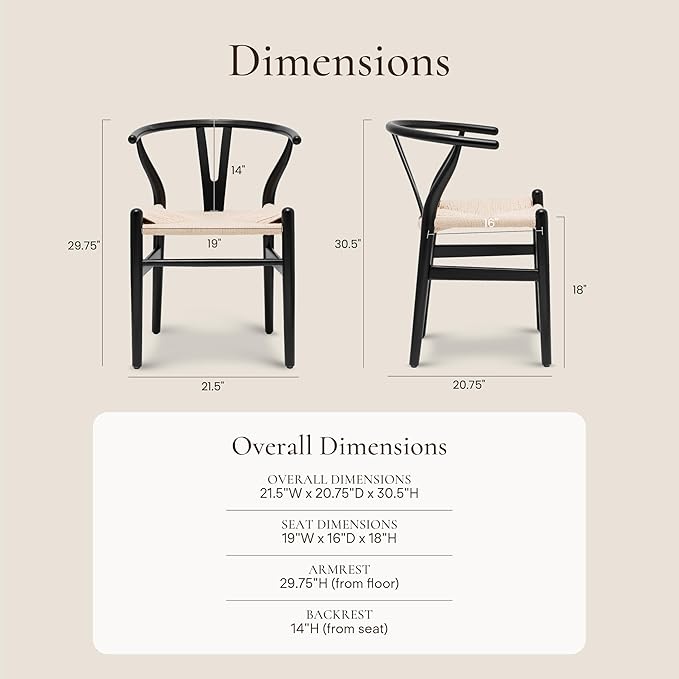 POLY & BARK Weave Dining Chair – Mid-Century Modern Wishbone Dining Chair with Arms, Solid Wood Frame, Indoor Use – Black – Single - Ideal for Dining Room, Kitchen or Stylish Accent Setting