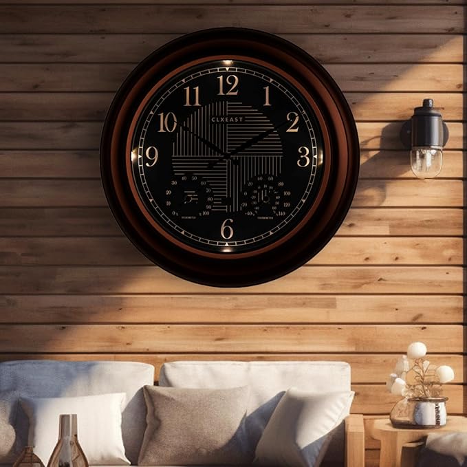 CLXEAST 24 Inch Illuminated in/Outdoor Lighted Atomic Analog Wall Clock with Thermometer & Hygrometer, Oversized Large Waterproof Wall Clocks for Living Room Decor,Bronze Finish