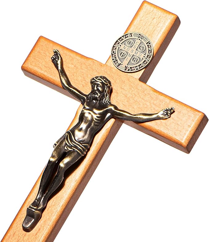 ACHIBANG 10" Crucifix Wall Cross Catholic, Wooden Wall Cross with Jesus and Saint Benedict Medal for Home or Prayer Room, Catholic Gifts