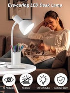 LED Desk Lamp with Pen Holder, Eye-Caring Desk Light 3 Color Modes Reading Light Flexible Gooseneck Metal Study Lamp, Cute Table Lamps for Home Office Bedside Dorm(White lamp)