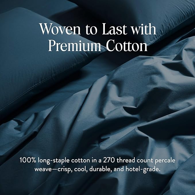 Brooklinen Luxury Percale Duvet Cover – 100% Cotton, Cool, Crisp, Extra-Long Corner Ties, Button Closure, Soft & Breathable – Machine Washable, Duvet Cover Full/Queen Bed Sizes (Abyss)
