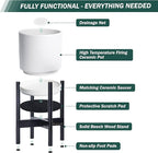 D'vine Dev Ceramic Planter with Ebony Stand - 8 Inch Modern Round Flower Pot with Wood Planter Holder, White, 55-B-M-1