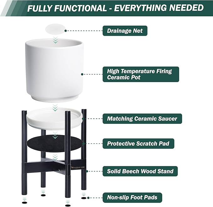 D'vine Dev Ceramic Planter with Ebony Stand - 8 Inch Modern Round Flower Pot with Wood Planter Holder, White, 55-B-M-1