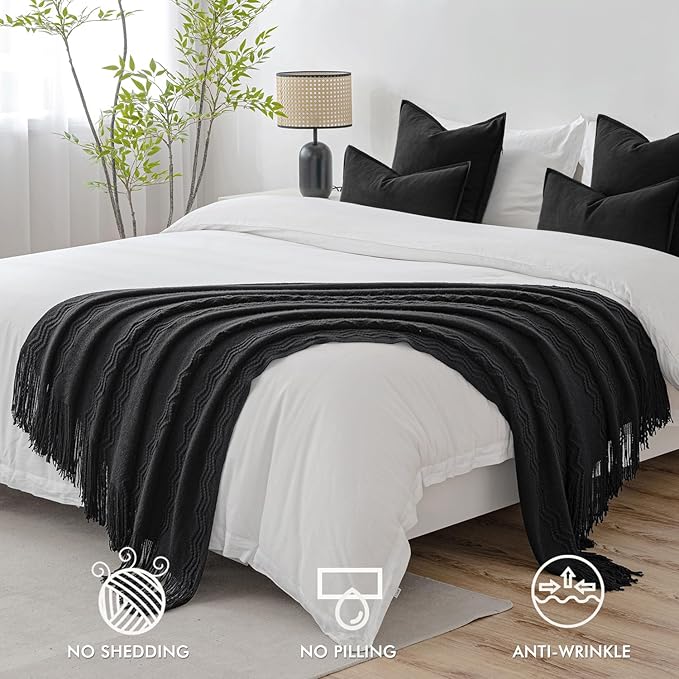 MIULEE Black Knitted Throw Blanket for Couch Textured Knit Blanket with Tassels Cozy Woven Boho Bed Blanket for Sofa Bed Chair Acrylic Wave Pattern 50"x60"