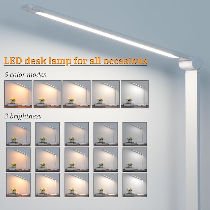 Dott Arts LED Desk Lamp with USB Ports, Touch Control, 5 Color Modes, 3 Brightness Levels, Foldable Design, White