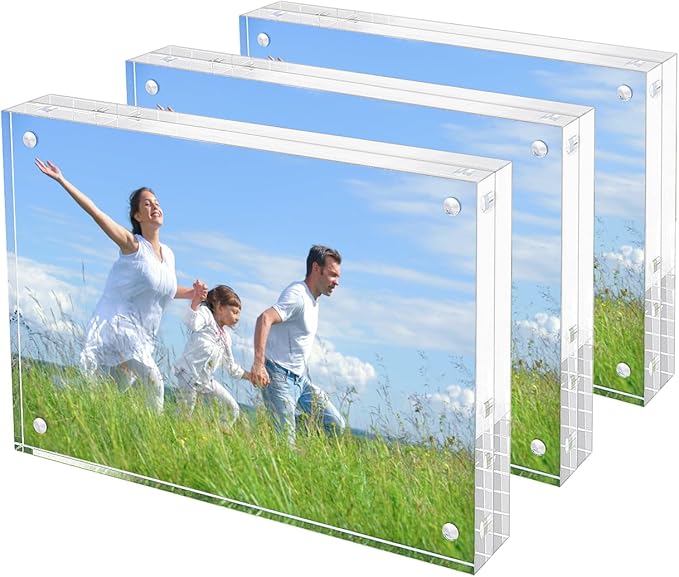 Picture Frame, 3 Pack 4x6 Acrylic Magnetic Photo Frame, Clear Double Sided Free Standing Lucite Frameless with 20% Thicker Block, Transparent Tabletop Display for Gift