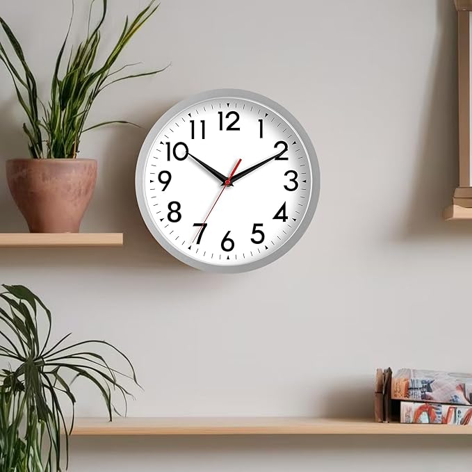 Wall Clock Modern Battery Operated 10 Inch Simpel Silent Non Ticking Decorative for Kitchen Office Outdoor Bedroom Living Room School Classroom(Silver)