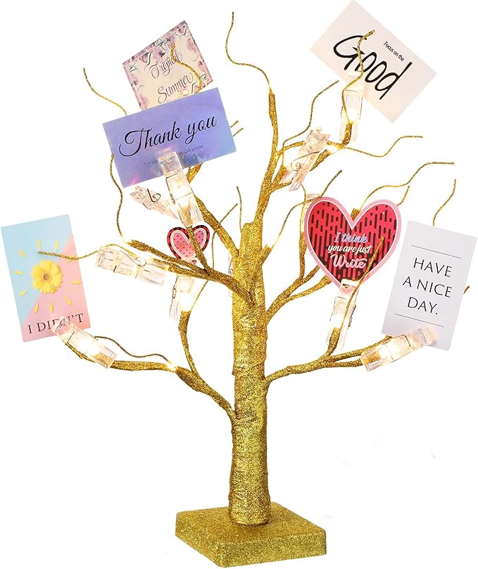 Money Holder Tree Present Card Holder, LED Birch Twig Tree Lights Tabletop, Display Tree with 12 Clear Clips for Christmas, Memo, Present Card, Photo, Wedding (Gold, Warm White,Vivid Style)