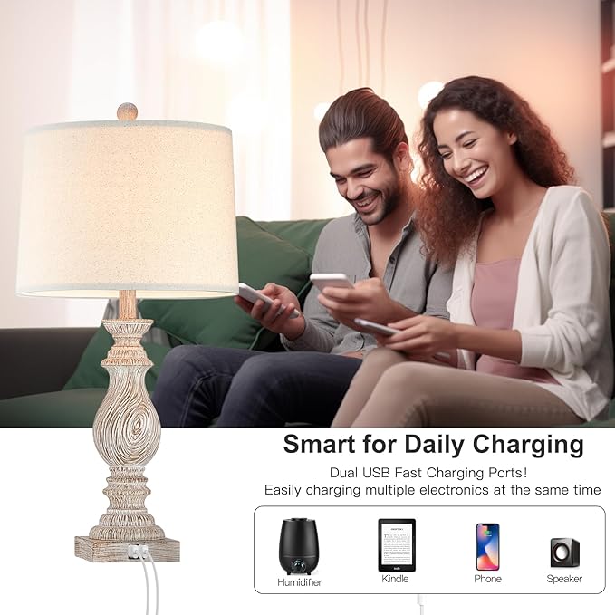 26.3” Rustic Table Lamps Set of 2 for Living Room Bedroom Beside Lamps with USB Charging Ports,Vintage Nightstand Lamp Farmhouse Dimmable End Table Resin Desk Lamp