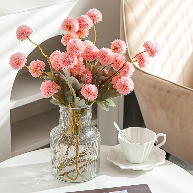 6 Artificial Silk Flowers + 3 Eucalyptus, Artificial Chrysanthemums with Stems for Home Decor, Pink