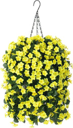 HyeFlora Artificial Fake Hanging Outdoor Flowers Plants Basket, Faux Silk Yellow Orchid Flowers UV Resistant Realistic Hanging Planter for Outside Porch Patio Home Garden Yard Decoration