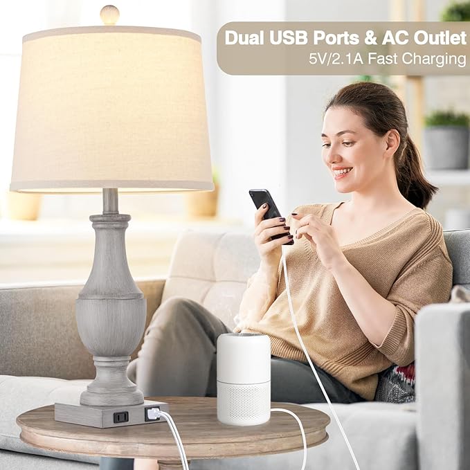 Farmhouse Table Lamps for Living Room, Rustic 26" Touch Control Bedside Lamps with USB A+C Charging Ports & AC Outlet, Vintage 3-Way Dimmable Nightstand Lamp Linen Fabric Shade for Bedroom End Table