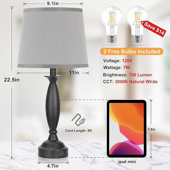 Grey Lamps for Bedrooms Set of 2 - Touch Control Bedside Lamp with USB C+A, 3 Way Dimmable Nightstand Lamps with USB Port, Table Lamp for Living Room(Grey Shade and Black Base)