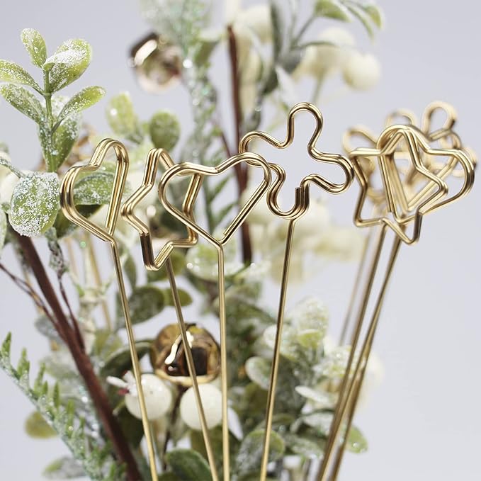 Tinsow 30 Pcs Metal Floral Place Card Holder, 13.4 Inch Heart Shape Flower Picks Clip for Floral Arrangement, Golden Gift Card Holder for Wedding and Party (Hearts)