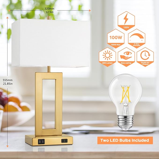 22’’ Table Lamps for Bedrooms Set of 2, Gold Bedside USB Desk Lamp with AC Outlet, Touch Control Modern Vintage Living Room Table Lamp for Nightstand End Table, 3-Way Dimming with 2 E26 Edison Bulbs