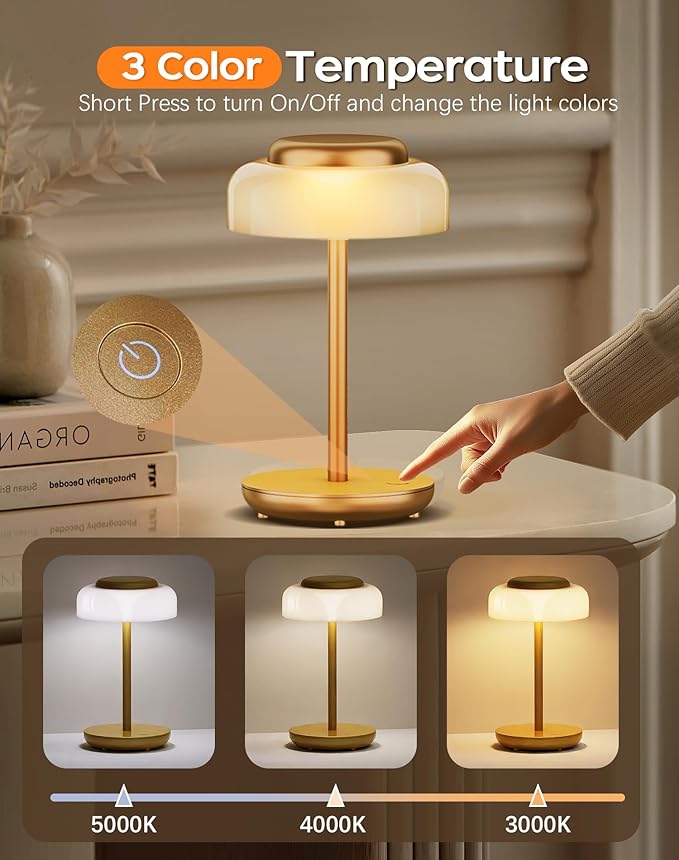 QiMH Battery Operated LED Table Lamp, 5000mAh Rechargeable Cordless Lamp, Stepless Dimmable Touch Control, Small Waterproof Desk Night Light for Living Room, Bedroom, Outdoor Bar (Gold)