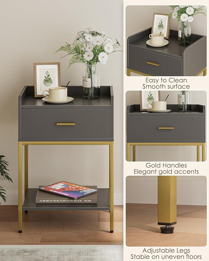 Masupu Grey Nightstand,3-Tier Modern Bedside Table Night Stand with Storage Drawer and Shelf,Small End Side Table for Bedroom,Living Room,(Without Outlet,)