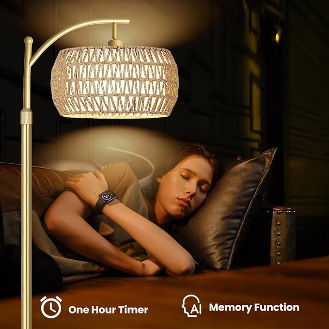 Arc Floor Lamp for Living Room,Farmhouse Floor Lamps with Remote Control & Dimmable Bulb,Gold Boho Rattan Tall Standing Lamp for Bedroom Office