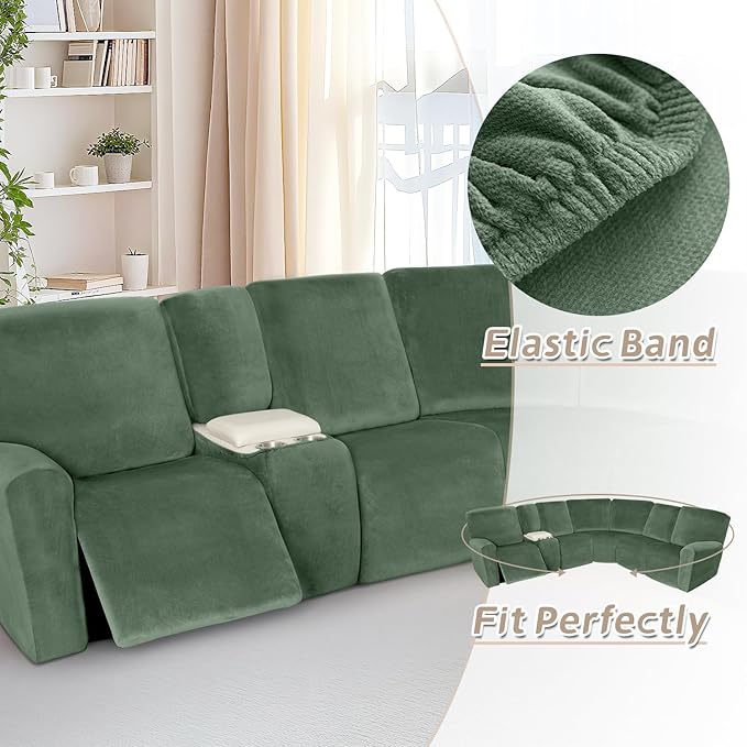 Arfntevss Sectional Recliner Couch Covers Velvet Washable Corner Sectional Sofa Cover for Reclining Stretch Soft Thick L Shape Recliner Slipcover Set (5 Seat with 2 Console Cover, Grayish Green)