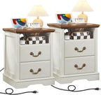 2PCS Farmhouse Nightstands with Charging Station，18" End Table with 2 Drawers，Farmhouse Nightstand with Vintage Handles, Bedside Cabinet for Bedroom for Bedroom, Living Room,White
