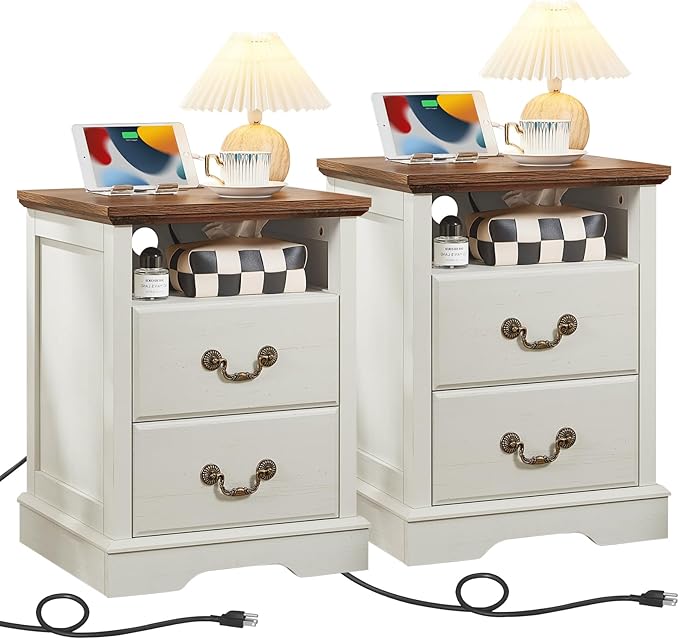2PCS Farmhouse Nightstands with Charging Station，18" End Table with 2 Drawers，Farmhouse Nightstand with Vintage Handles, Bedside Cabinet for Bedroom for Bedroom, Living Room,White