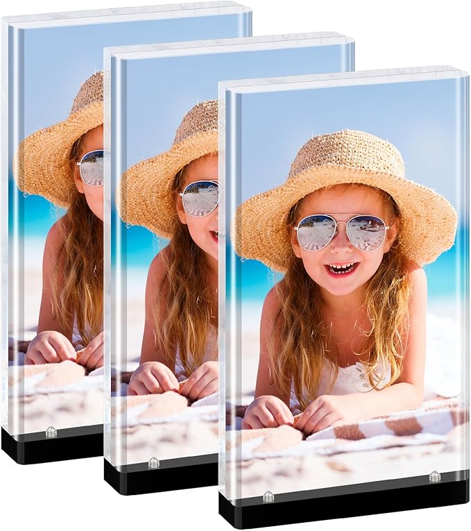 magnetic photo frames 3-Pack–10+10mm Thick Block /With Magnetic Base | Clear Stereoscopic 5x7 Desktop glass picture frame | Aesthetic Home Decor for Offices, Gifts & Memory Showcase (5×7 vertical)