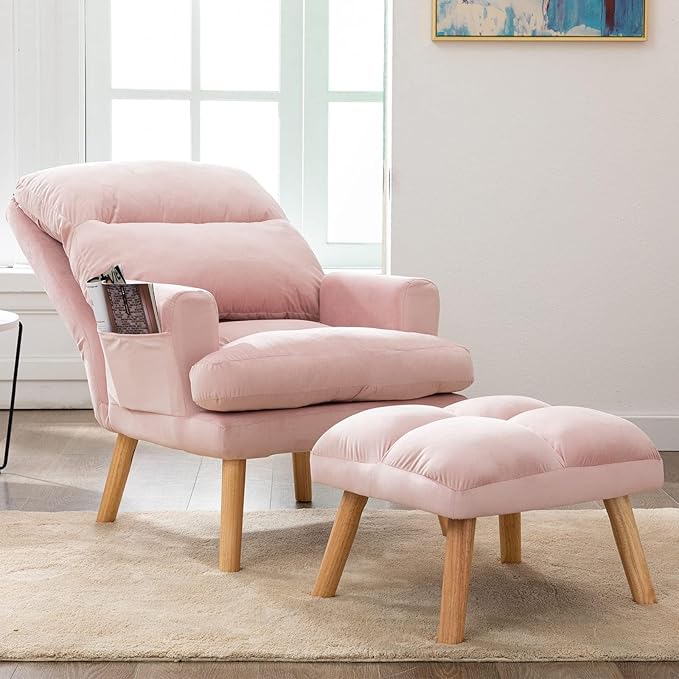 CANMOV Modern Accent Chair with Ottoman Set of 2, Soft Fabric Armchair with Adjustable Backrest and Side Pockets, Comfy Lounge Chair for Living Room, Bedroom, Apartment, Office, Pink