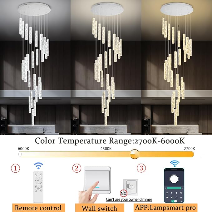 Large Staircase Chandeliers 130inches Long Spiral Crystal Chandeliers for High Ceilings Foyer Entrance 25-Lights Silver LED Dimmable 3000-6000K