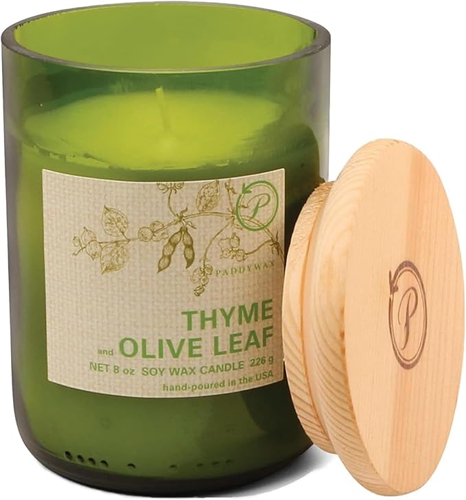 Paddywax Eco Collection Scented Soy Wax Candle in Glass Jar, Thyme & Olive Leaf Fragrance, Green Vessel with Wood Lid, 8 oz