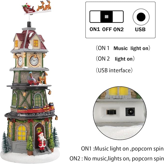 Christmas Collectible Buildings - LED Lit Bell Tower, Musical Village Houses with USB Indoor Display Figurines
