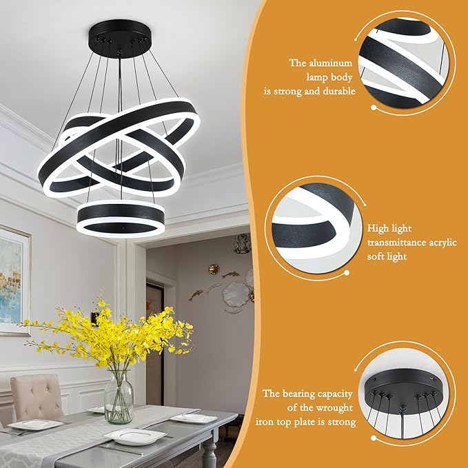 O'NEELDY Modern LED Chandeliers Adjustable Hanging Black Pendant Light Fixture 3 Ring Flush Mount Chandeliers for Bedroom,Kitchen,Island Cafe
